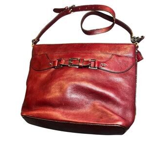 Etienne Aigner Shoulder Bag Red Leather Front Buckle Adjustable Strap Logo Charm